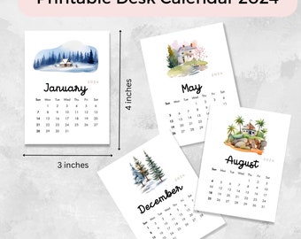 Monthly Desk Calendar Sunday Start 2024, Printable 2024 Mini Calendar, 12 months desk calendar printable, Monthly Desk Calendar 3x4
