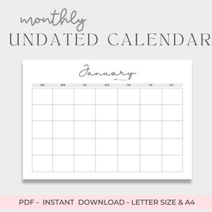 Monthly Blank Calendar Sunday Start , Undated Monthly Printable Landscape, Minimalist blank Calendar, Undated Blank Calendar,