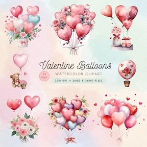 Heart Shaped Balloons Clipart, Valentines Flowers and Balloons Clipart, Watercolor Valentines Balloons Clipart,