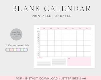 Calendário mensal em branco para impressão: sem data, várias cores (carta e A4) (download digital)