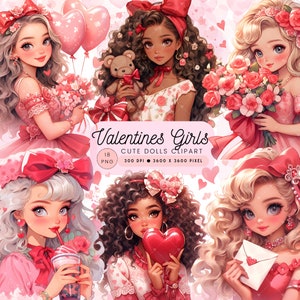 Schattige pop Valentines meisjes clipart, Valentines meisjes clipart PNG bundel, schattige Valentines meisjes clipart collectie, pop Valentine meisjes PNG