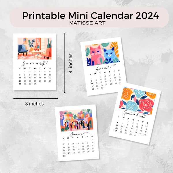 Monthly Desk Calendar Sunday Start 2024, Printable 2024 Mini Calendar, 12 months desk calendar printable, Matisse Monthly Desk Calendar 3x4