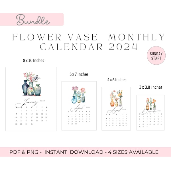 Flower Vase Monthly Calendar 2024, Printable Monthly Calendar 2024, Printable Monthly Calendar 2024 Bundle, Sunday Start Watercolor Calendar