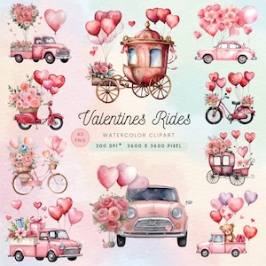 Watercolor Valentine Rides Clipart: Car, Bicycle & Carriage (Digital Download)