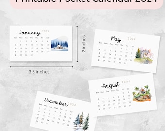 Monthly Wallet Calendar Sunday Start, Monthly Pocket Calendar 2024, 12 Months Mini Calendar, 12 months printable calendar 2024, Art Calendar