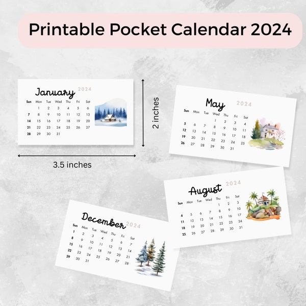 Monthly Wallet Calendar Sunday Start, Monthly Pocket Calendar 2024, 12 Months Mini Calendar, 12 months printable calendar 2024, Art Calendar