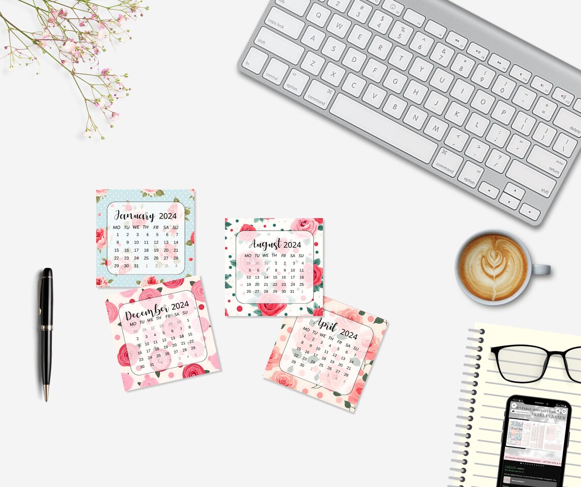 Mini Calendar 2024 Printable Mini Calendar Printable Floral Calendar ...