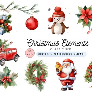 May include: Watercolor clipart featuring Christmas elements in classic red. Includes a red vintage car, Santa Claus, a wreath, a poinsettia, a candle, a Christmas tree, and a cute otter wearing a red hat. The text reads "Christmas Elements".