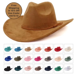 May include: A tan cowboy hat with a pinched crown and a wide brim, featuring a braided cord hatband. Below the main image, a grid displays twenty-one additional cowboy hats in various solid colors including blue, pink, red, black, and white.