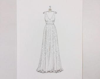 CUSTOM wedding dress portrait illustration painting drawing sketch. Original painting.