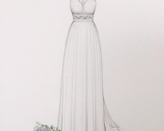 Custom hand drawn wedding dress & bouquet watercolour painting drawing sketch illustration. Original painting