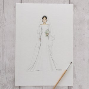 AANGEPASTE bruids bruid trouwjurk portret schets tekening illustratie aquarel aquarel