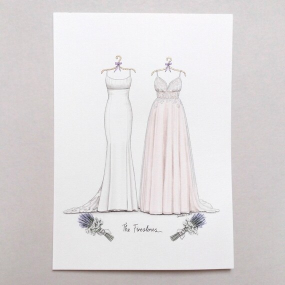 CUSTOM 2 wedding dresses sketch illustration drawing painting portrait.  Original painting.