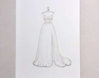 CUSTOM Wedding dress sketch illustration drawing painting portrait. Original painting