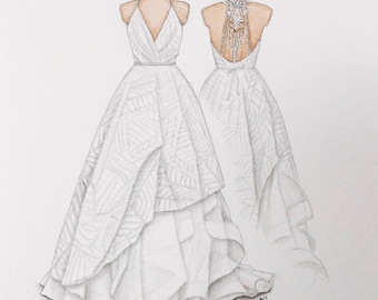 Custom Wedding Dress Portrait Illustration: Hand-Drawn Watercolour painting.