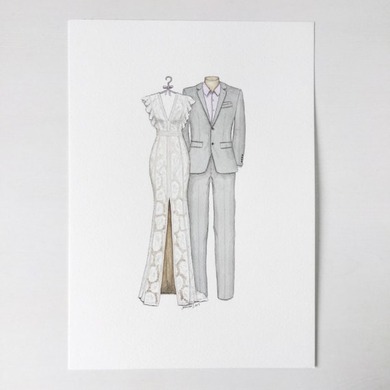 CUSTOM Wedding Dress and Suit Sketch Illustration Drawing Painting
