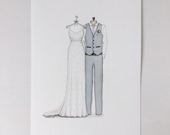 CUSTOM Wedding dress and suit sketch illustration drawing painting portrait