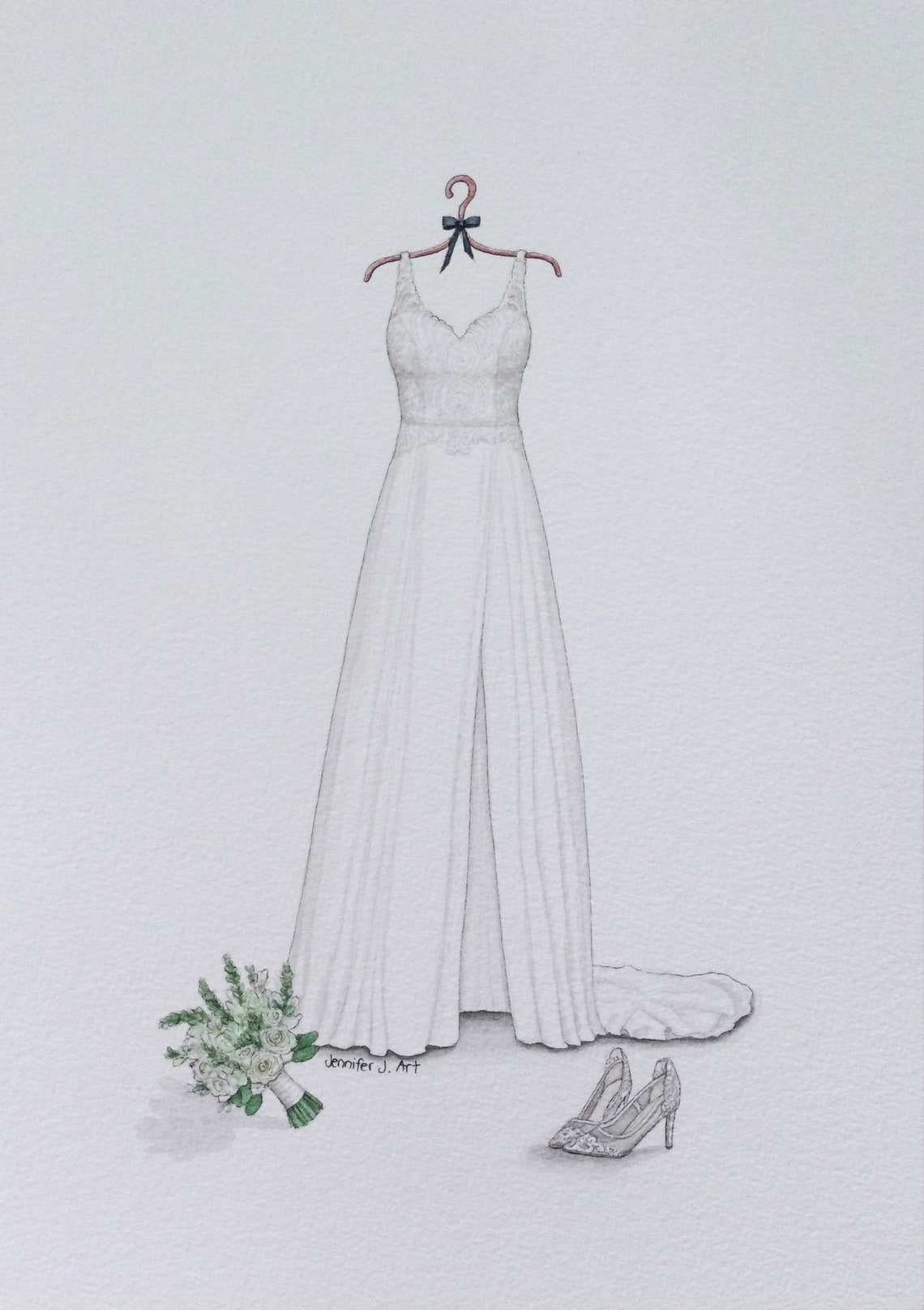 CUSTOM Wedding Dress Shoes & Bouquet Portrait Illustration Etsy