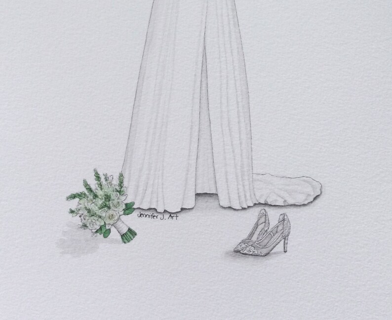 CUSTOM Wedding Dress Shoes & Bouquet Portrait Illustration Etsy