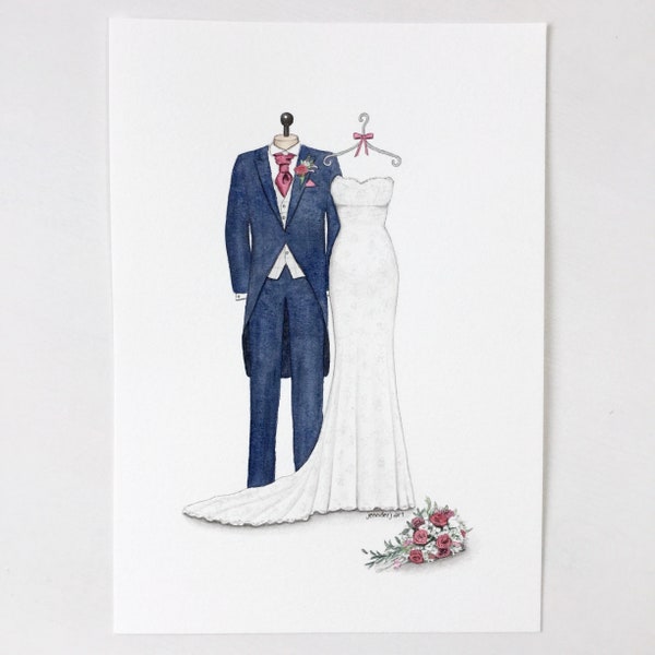 CUSTOM Wedding dress, suit & bouquet sketch illustration drawing painting portrait. Original painting