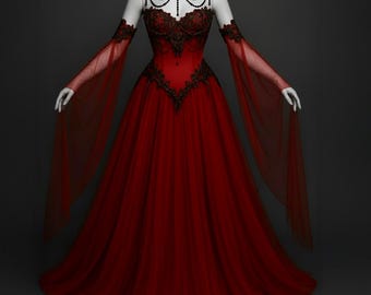 May include: A red formal gown with black lace detailing and long, sheer sleeves. The dress features a high neckline adorned with beaded accents and a fitted bodice that flows into a full skirt. The dress is displayed on a mannequin.