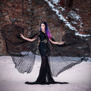 Gothic Black Mermaid Wedding Dress with Bat Train, Batwing Sleeves, Decorative Slits Perfect for Weddings, Proms, and Balls latex teather