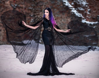 Gothic Black Mermaid Wedding Dress with Bat Train, Batwing Sleeves, Decorative Slits Perfect for Weddings, Proms, and Balls latex teather