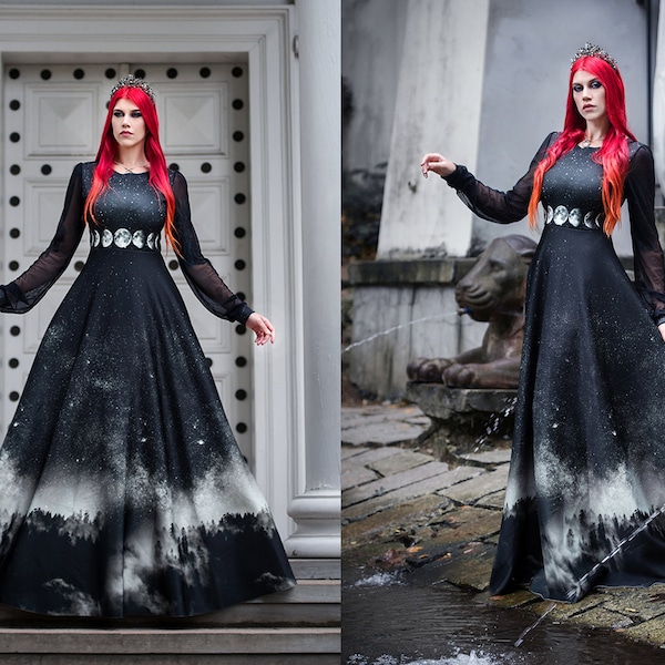 Ombre moon dress gothic forest witchy wedding morticia Wednesday silver black maxi ombre