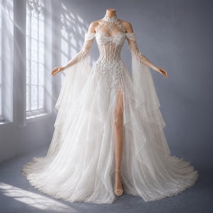 women's fairy dress for a royal wedding Fairytale Burgundy / XS-XL Custom Fit length lace train This corset wedding dress with long train and lace is now available in plus size Sweet Lace Fairy Dress Women