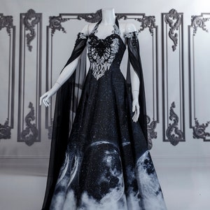 Gothic moon wedding dress with fog print, fantasy lunar gown with cape sleeves, silver lace, galaxy witch handfasting bridal maxi