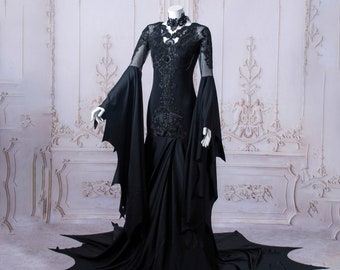 black lace wedding dress guipure bat sleeves long train corset lacing morticia gothic baroque tailor made elven
