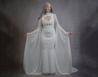 ecru elven wedding dress fantasy medieval baroque boho gothic sleeves bells long train tulle sweetheart mermaid galadriel celtic