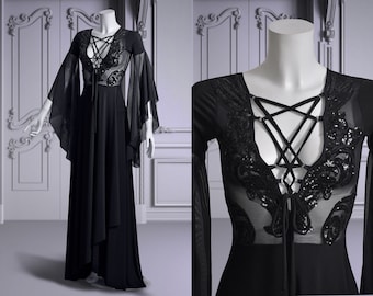 black guipure lace gothic wedding dress sleeves bells lacing on the neckline elvish, elven sewn to size Wednesday