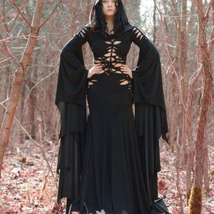 Gothic Black Lace Up Wedding Dress – Witchy Pagan Ritual Gown with Hood – Gothic Mermaid Dress