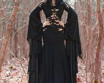 Vestido de novia gótico negro con cordones – Vestido ritual pagano de bruja con capucha – Vestido de sirena gótico