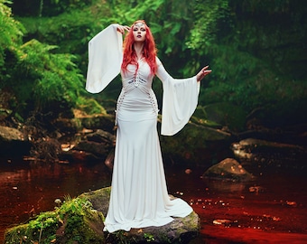 slashed dress elven gothic wedding gown sexi maxi bell sleeves long train Celtic pagan