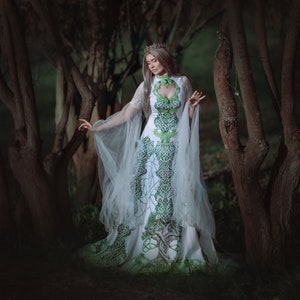 White Celtic wedding dress with Tree of Life print fairy handfasting gown elven nature bridal dress with tulle sleeves