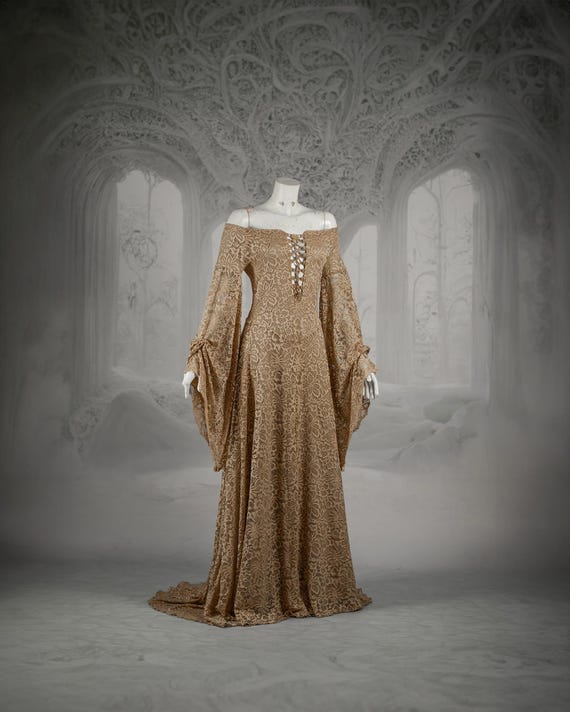 brown gothic lace dress hood wedding elven dress gown maxi long train bell sleeves fantasy vampire medieval