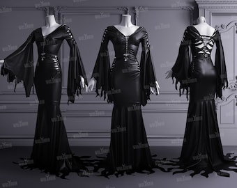 Slashed dress Addams Elvira black gothic latex wet look halloween wedding open leg long sleeves Wednesday