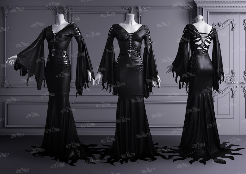 Black gothic wedding dress with shredded hem shown from front side