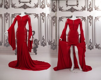 Dress Addams evening wedding gown long train bell sleeves red black halloween romantic gothic slashed