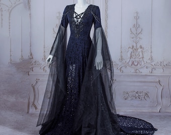 black navy blue pentagram satanic gothic wedding dress bell sleeves to the ground halloween custom made long train