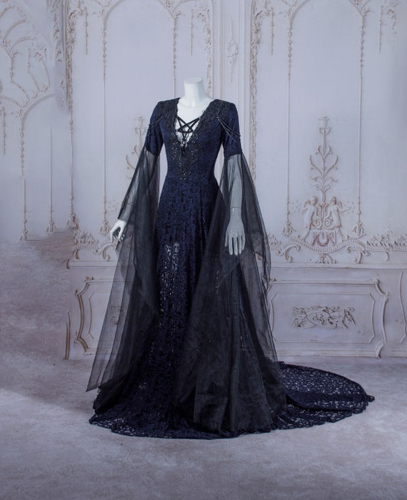 Black Navy Blue Pentagram Satanic Gothic Wedding Dress Bell Sleeves to the  Ground Halloween Custom Made Long Train -  Canada