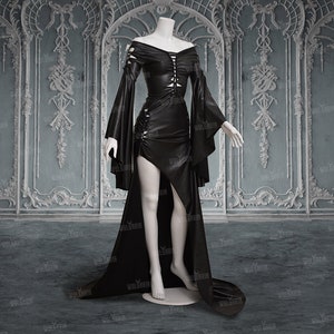 Gothic Wedding Dress - Sleek Leather-Look Fabric with High Slit, Bell Sleeves, and Sensual Fit - Perfect for Weddings, Proms, and Balls
