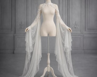 Celestia Pearl Nocturne Mouwen | Couture Bruidsmouwen & Kraag | Franse Kanten Bruidsbolero | Afneembare Bruidsmouwen | Op Maat Gemaakt