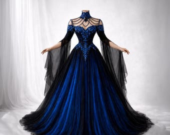 Udjat Noctis Gown, Gothic Wedding Dress, Black Blue Bridal Gown, Dark Fantasy Corset Dress, Alternative Bride Couture