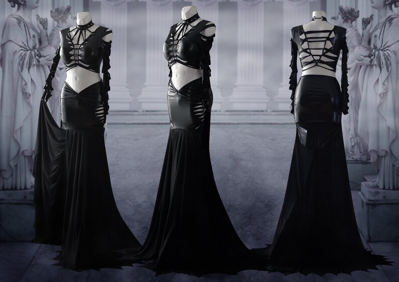 slashed dress Morticia Addams black gothic latex wet look