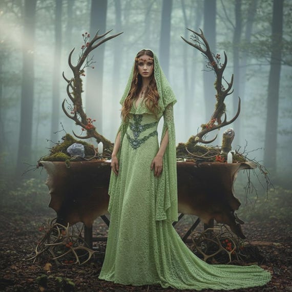 Elarwen Forest Wedding Dress - Elven Handfasting Gown, Green Lace Dress, Pagan Elopement Gown, Woodland Bride Dress Elarwen Forest Wedding Dress - Elven Handfasting Gown, Green Lace Dress, Pagan Elopement Gown, Woodland Bride Dress