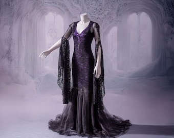 Gothic Mermaid Dress: Purple Black Lace & Sparkling Guipure with Glass Gems, Bell Sleeves, long train – Perfect for Ball, Wedding, Prom