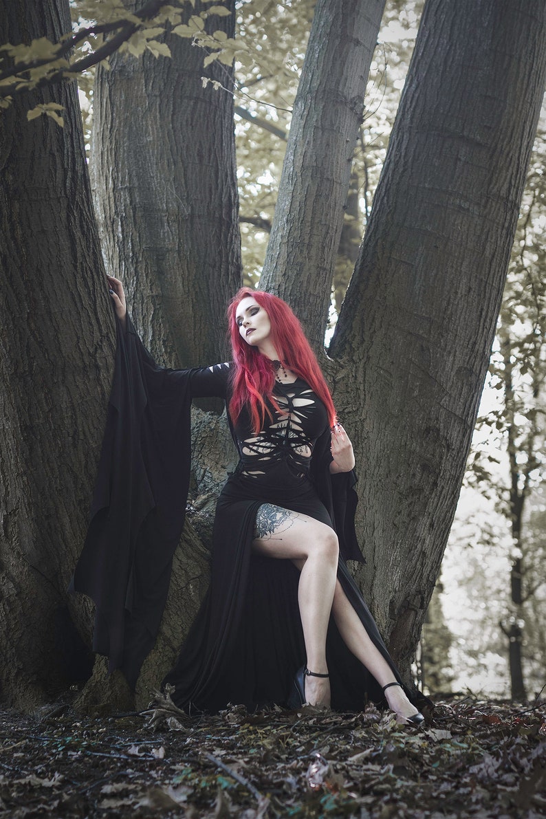 Slashed dress Morticia Addams black gothic hood hoodie | Etsy